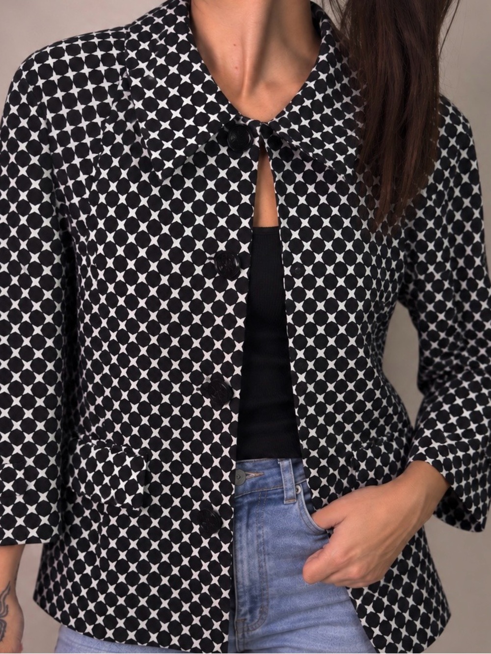 90s Vintage Talbots Cotton Geo Blazer Jacket | 12 Stretch Big Black Vtg Buttons